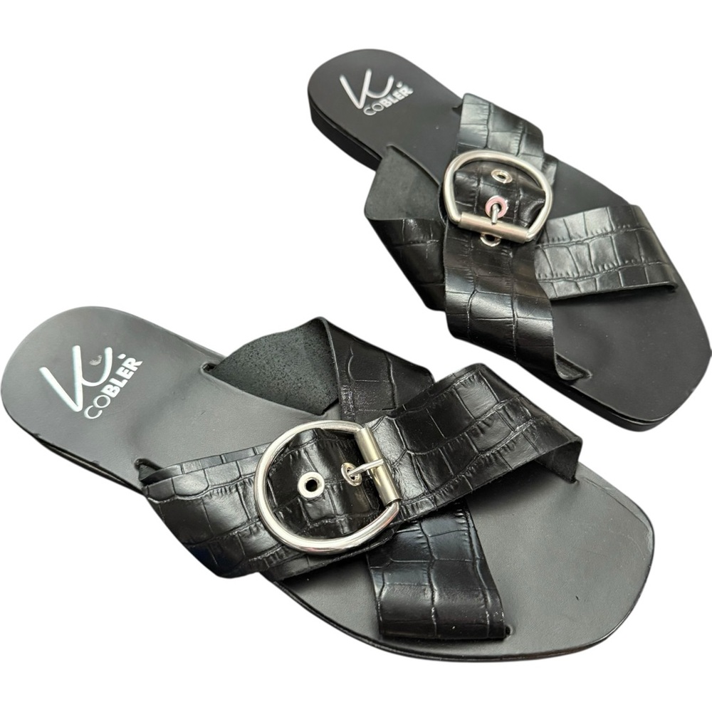 K Cobler Italian Black‎ Leather / Silver Buckle Flat Sandals Size 39 / 8.5